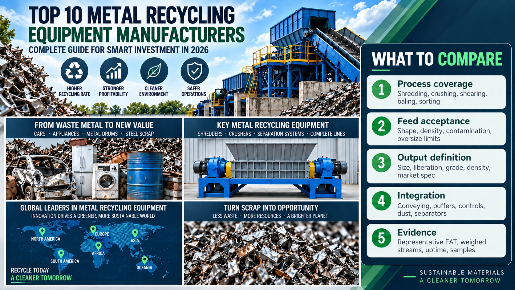 Comparison graphic for metal recycling manufacturer scope including process coverage, feed acceptance, output definition, integration and evidence