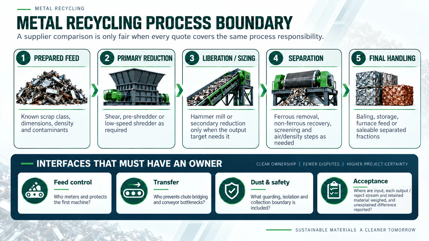 Metal recycling process boundary from prepared feed through size reduction, separation and final handling