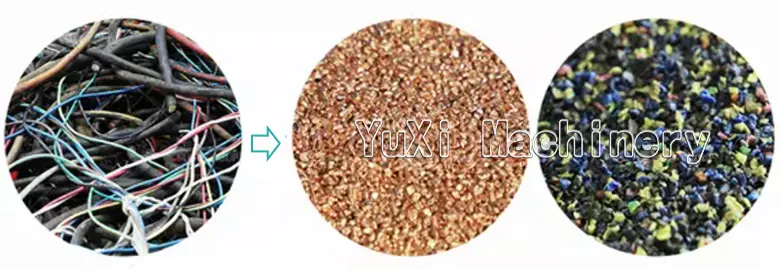 Recycled-Copper-Plastic-Granules.webpBefore and after: scrap wires vs. separated copper granules and plastic pellets.