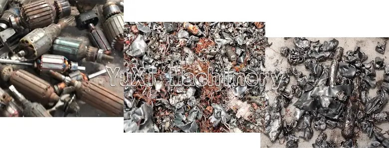 Before and after view: scrap rotors, shredded metal/copper, and separated aluminum.