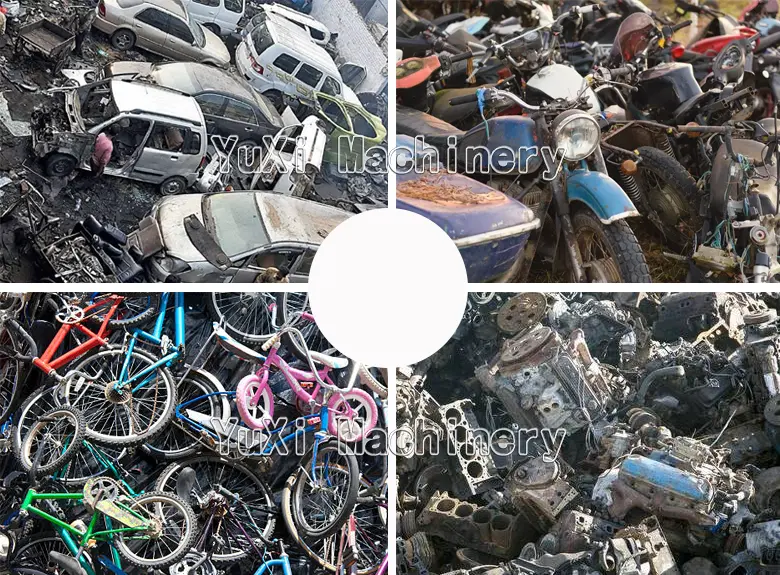 Collage of mixed scrap sources: cars, motorcycles, bicycles, and engine parts.