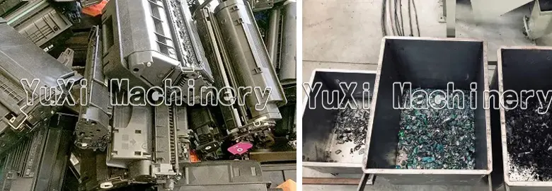 Before and after view of ink cartridges: whole scrap vs. shredded material in collection bins.