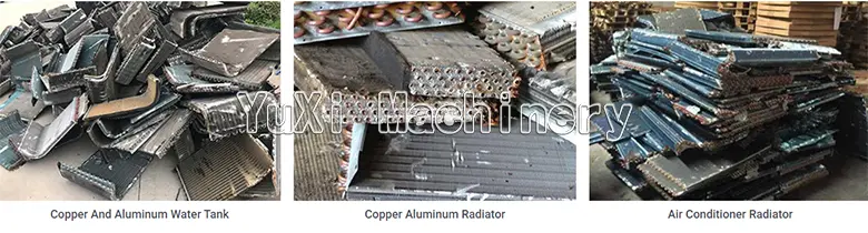 Various scrap radiator types: Copper-Aluminum Water Tank, Copper-Aluminum Radiator, Air Conditioner Radiator.