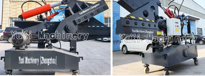 Combined close-up showing the cutting blade area and the motor/base of the hydraulic alligator shear machine.