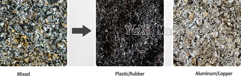 Before-and-after image showing the separation results: Mixed material separating into Plastic/Rubber (Non-metal) and Aluminum/Copper (Metal).
