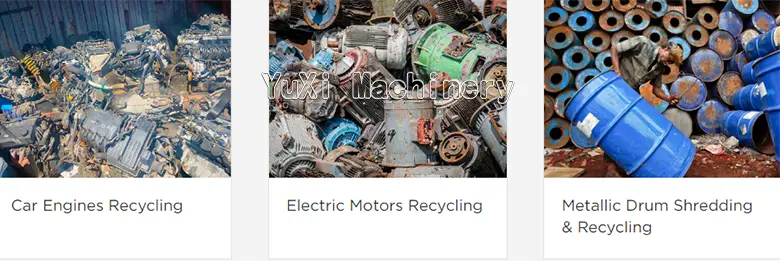 Examples of materials processed by the crusher: Car Engines, Electric Motors, and Metallic Drums ready for shredding and recycling.