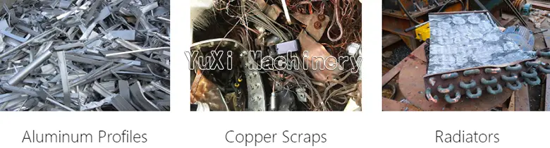 Samples of scrap materials processed by the crusher: Aluminum Profiles, Copper Scraps, and Radiators.