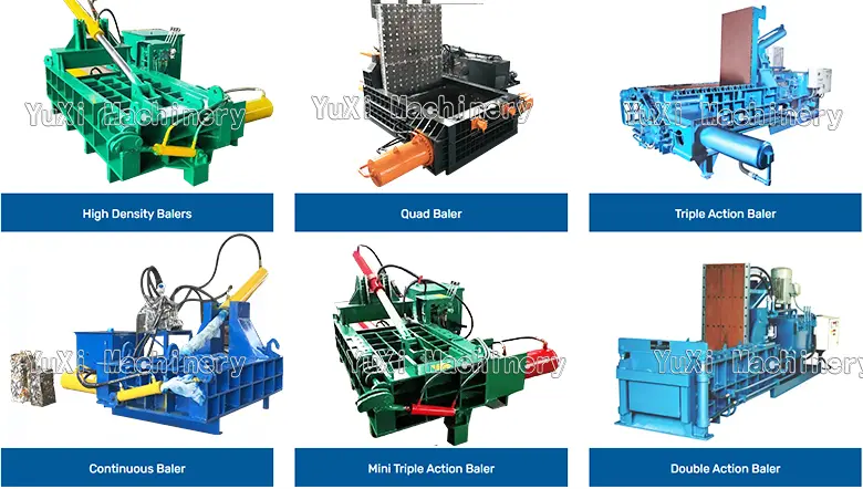 Gallery showing different types of metal balers: High Density, Quad, Triple Action, Continuous, Mini Triple, and Double Action Balers.