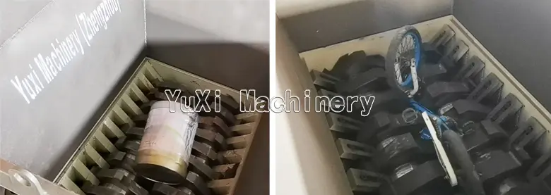 Internal view of the shredder's cutting chamber, showing a metallic drum and a bicycle being processed by the rotary cutters.