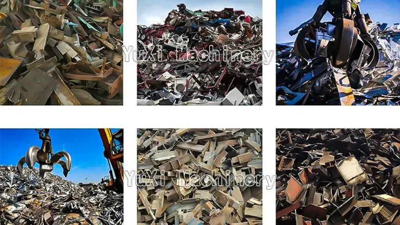 Various piles of raw scrap metal, including cut pieces and vehicle debris, ready for processing by the shear.