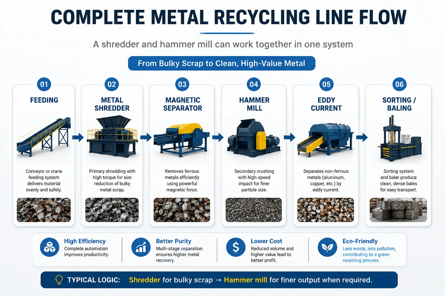 Complete Metal Recycling Line Flow Metal recycling line with shredder hammer mill and sorting equipment