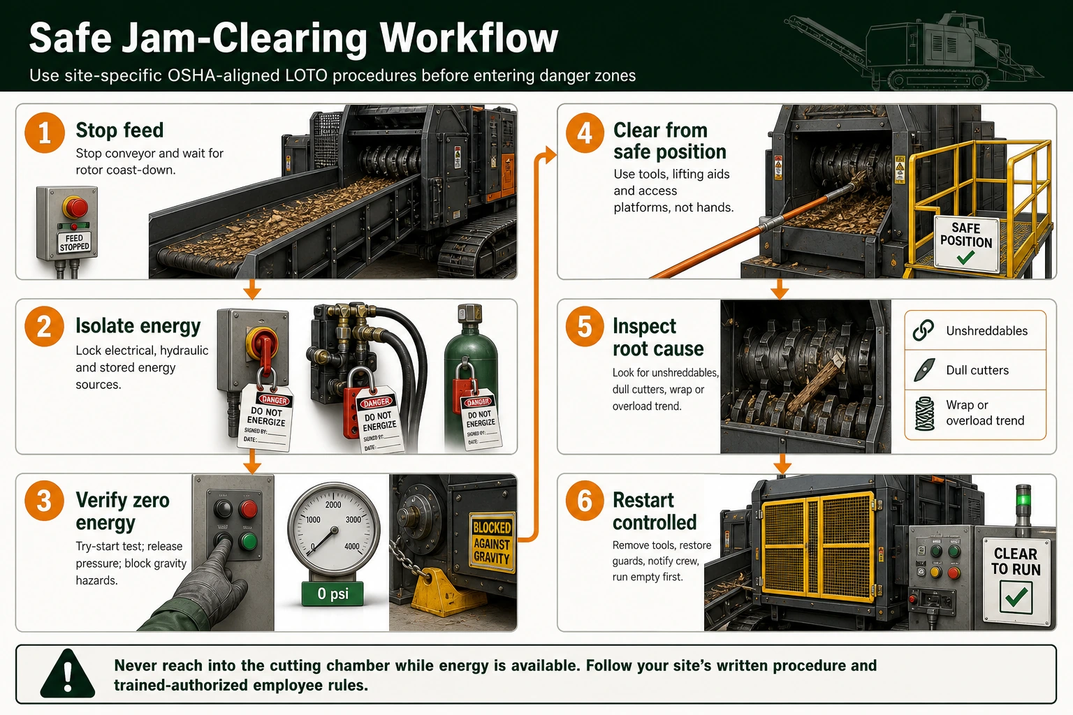 Safe jam clearing workflow for metal shredder maintenance using lockout tagout and zero energy verification