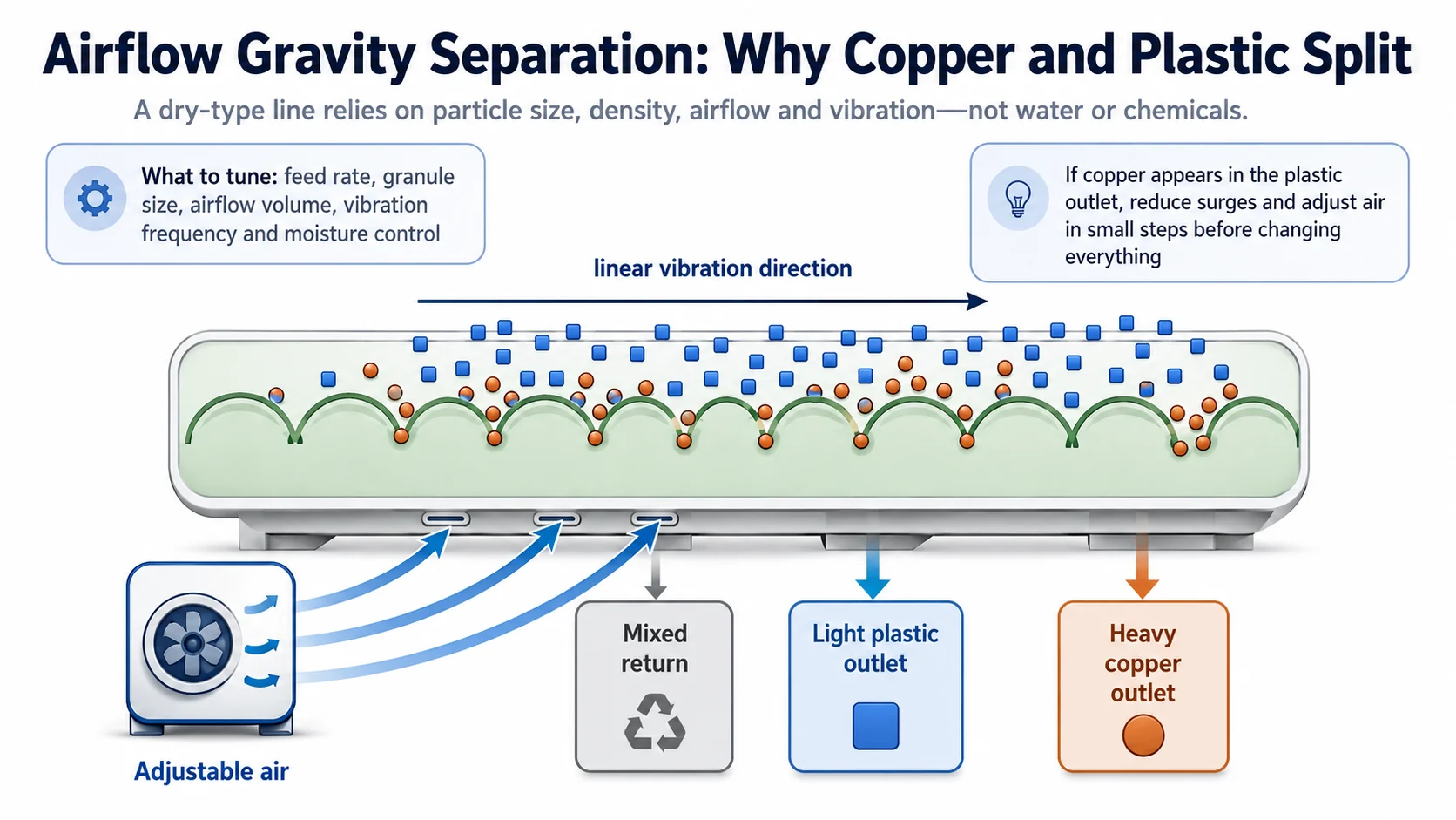 Airflow gravity separation principle for copper granules and plastic insulation particles