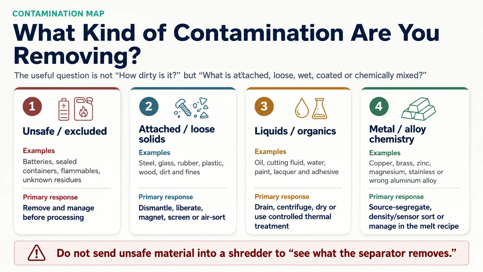 Aluminum scrap contamination categories and removal methods for unsafe material solids liquids coatings and alloy chemistry