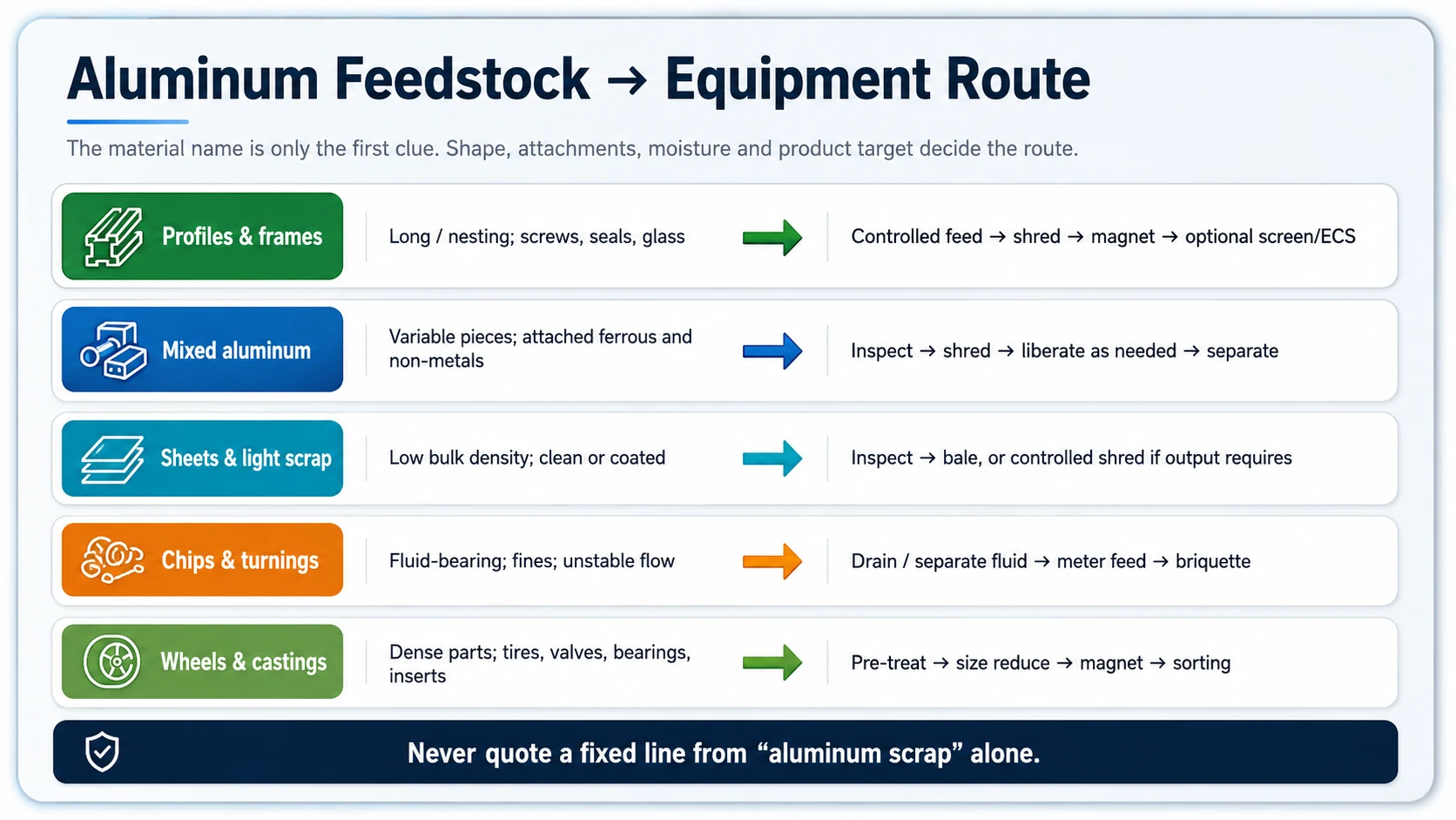 Aluminum Feedstock Equipment Selection Map Aluminum feedstock equipment selection map for profiles mixed scrap sheets foil chips wheels castings and prepared fractions