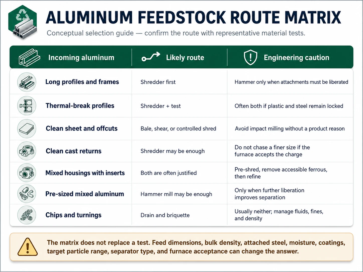Matrix comparing likely aluminum processing routes for profiles, sheets, castings, mixed housings, and chips