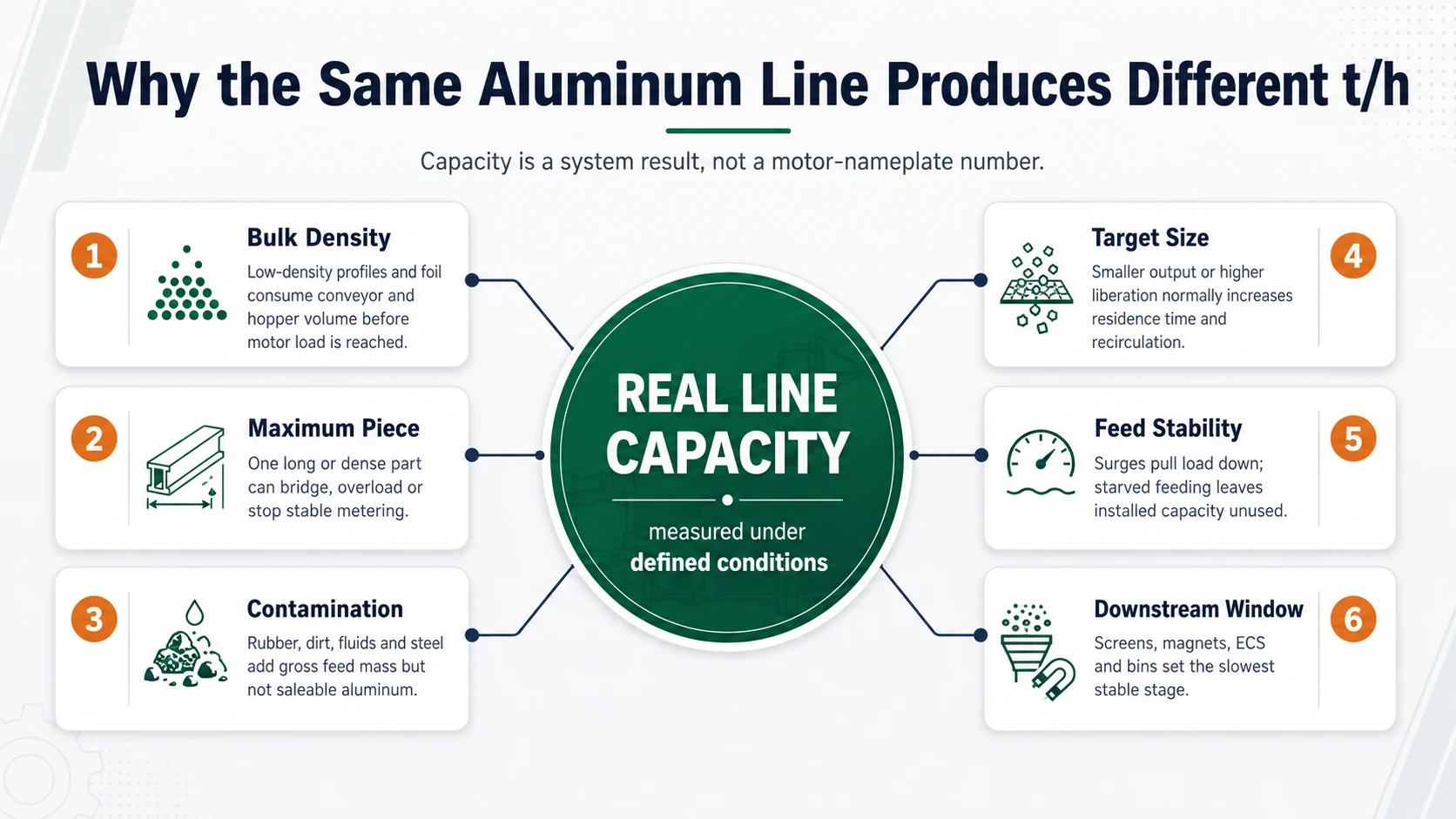 Six factors that change aluminum recycling line capacity including bulk density piece size contamination target size feeding and downstream limits