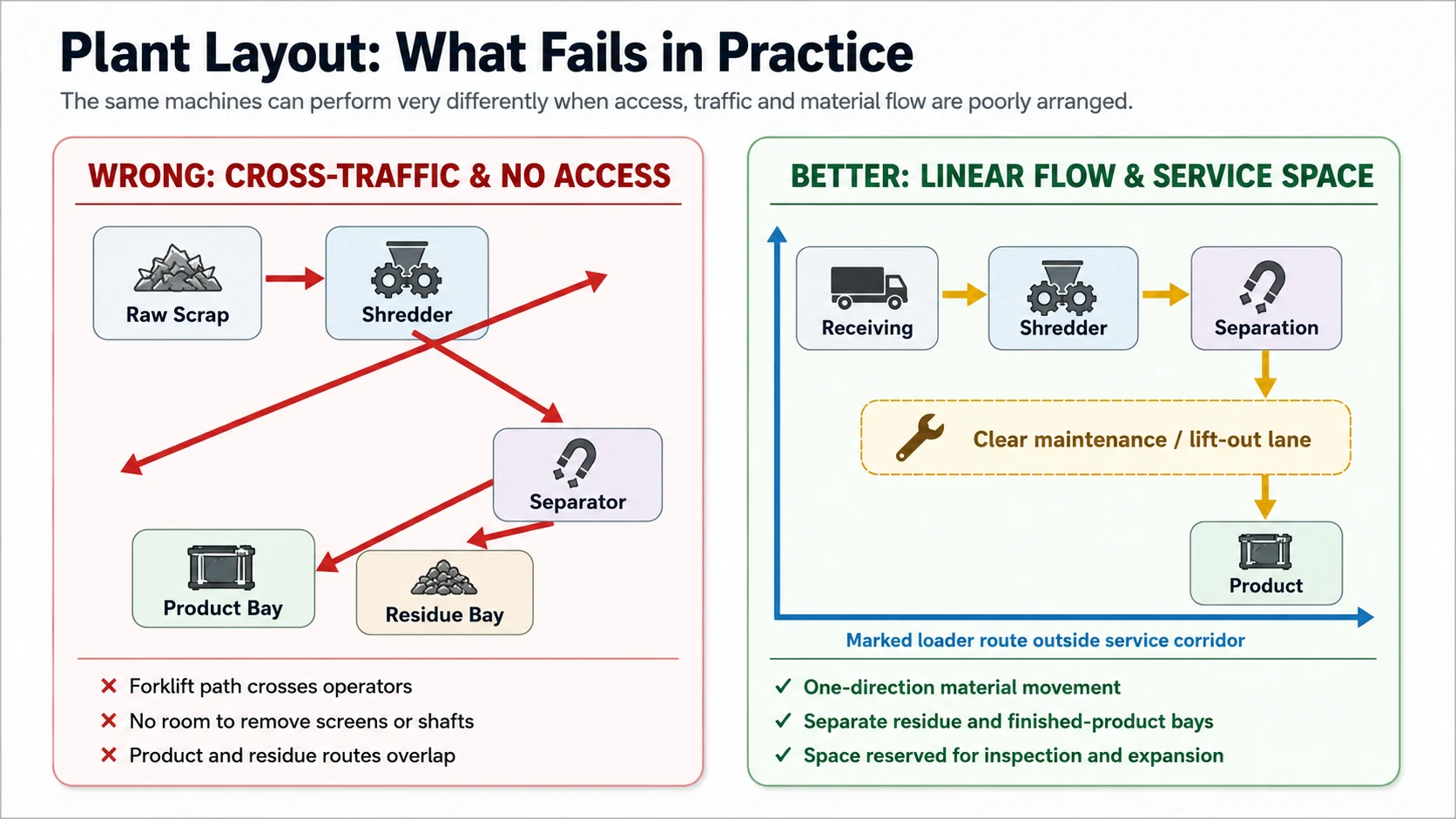 Wrong and correct aluminum recycling plant layout comparison showing cross traffic maintenance access and one-direction material flow