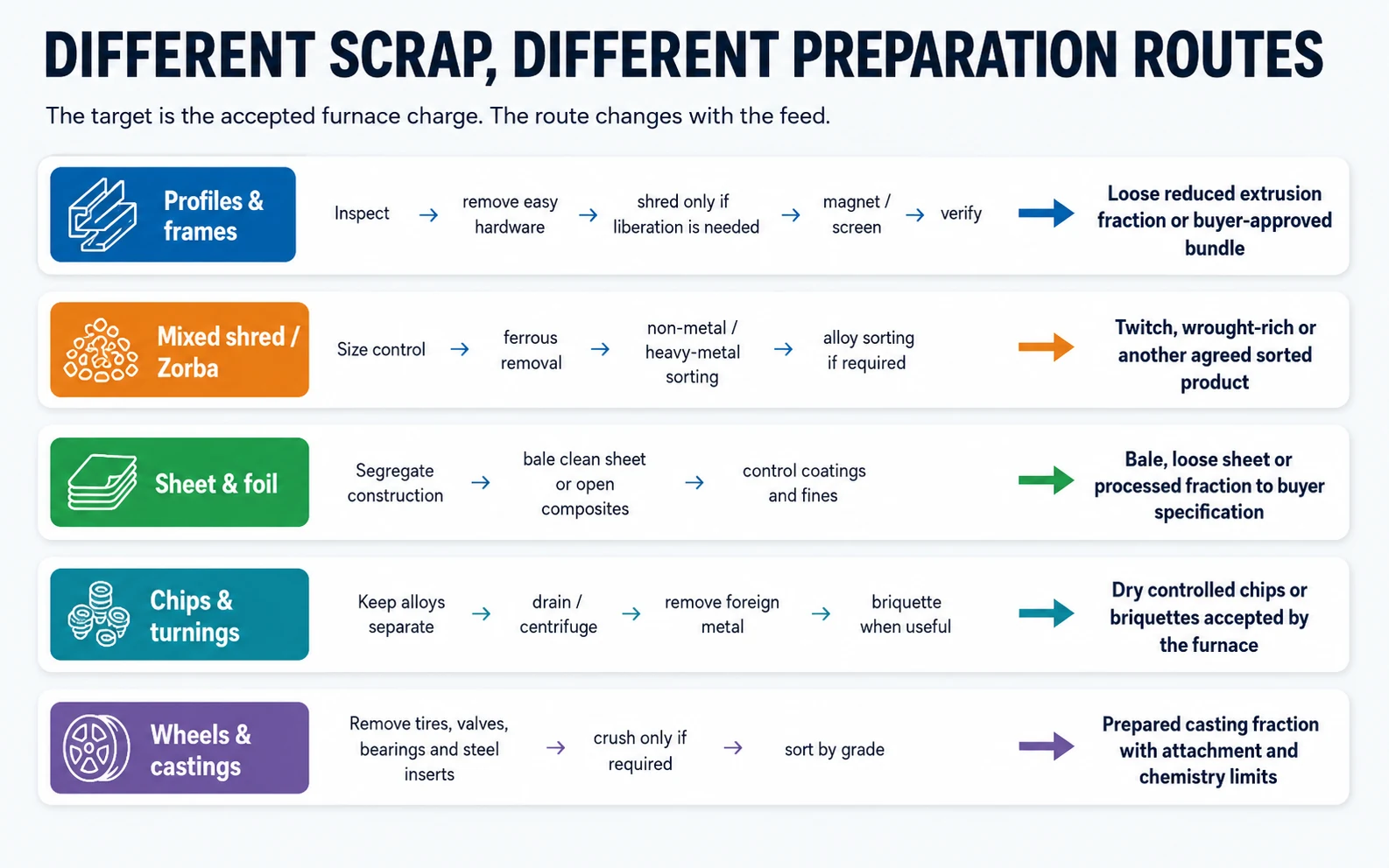 Preparation routes for profiles mixed scrap sheet chips wheels and castings to become furnace-ready aluminum