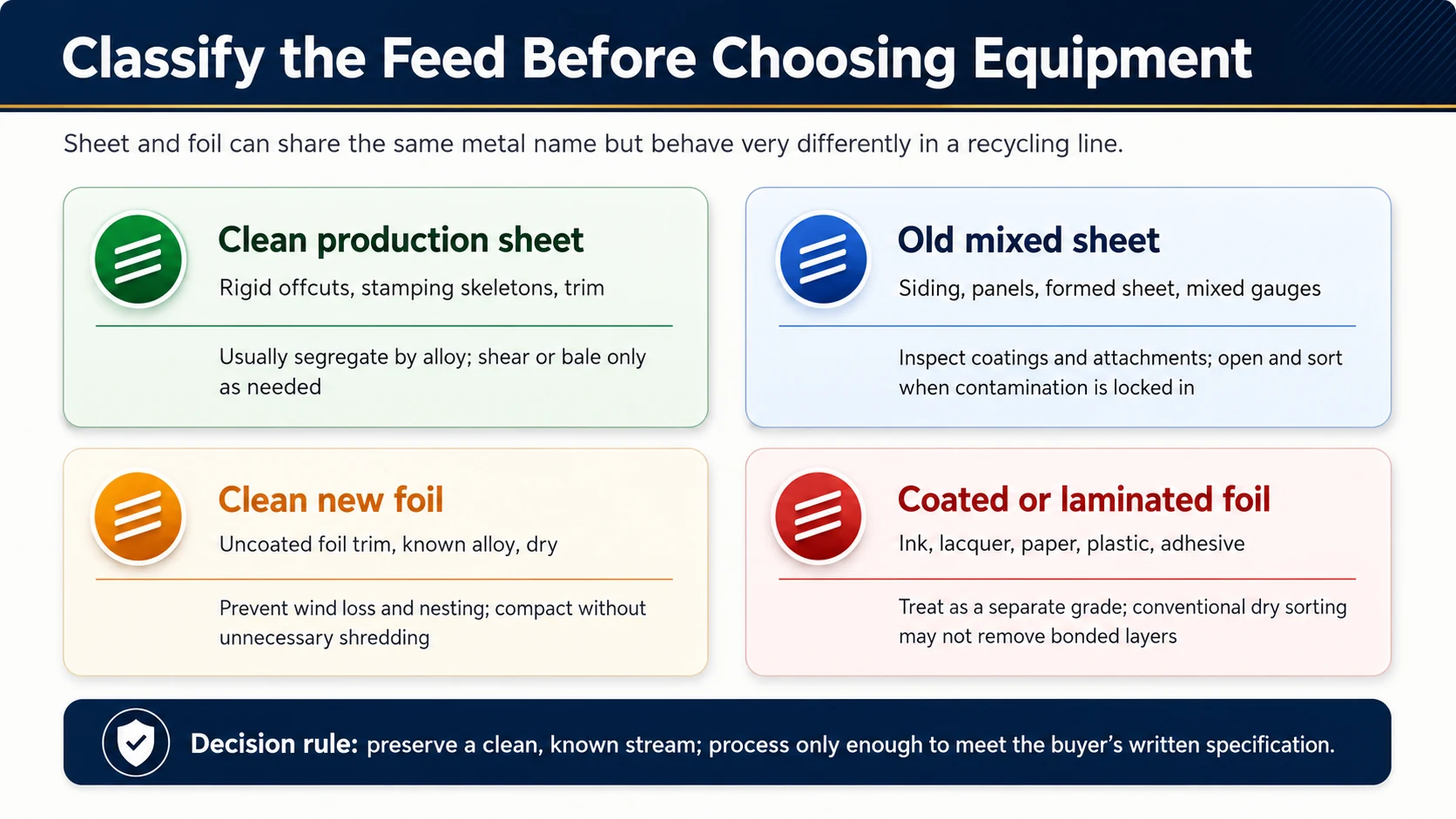 Classification of clean production sheet, old mixed sheet, clean new foil and coated laminated foil scrap