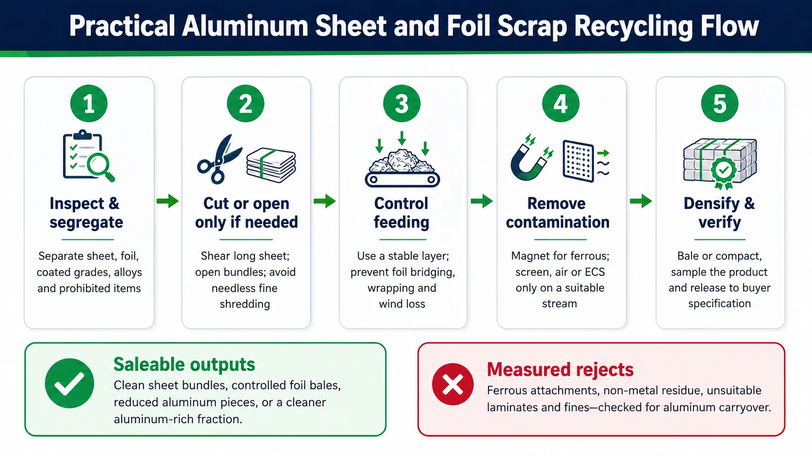 Step-by-step aluminum sheet and foil scrap recycling process from inspection to densification and quality control
