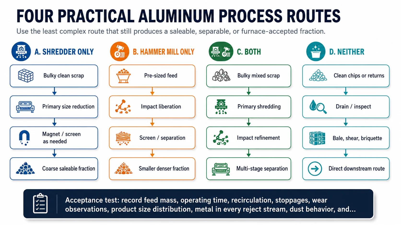 Four aluminum processing routes using a shredder, hammer mill, both machines, or neither