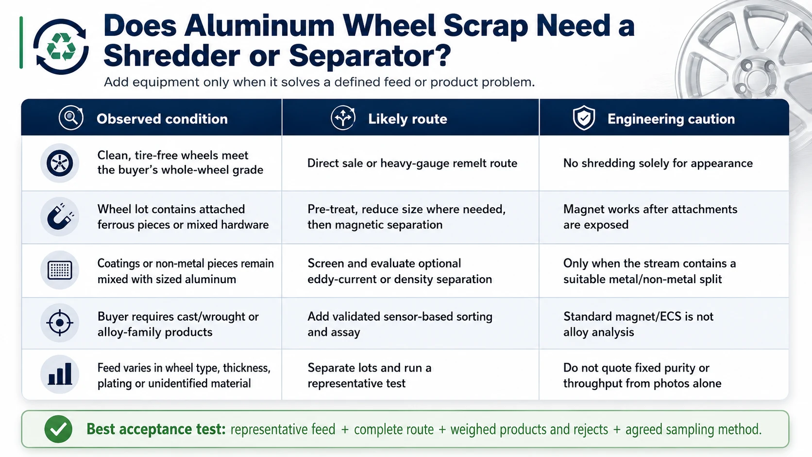 Decision map showing when aluminum wheel scrap needs shredding magnetic separation eddy current separation or sensor sorting