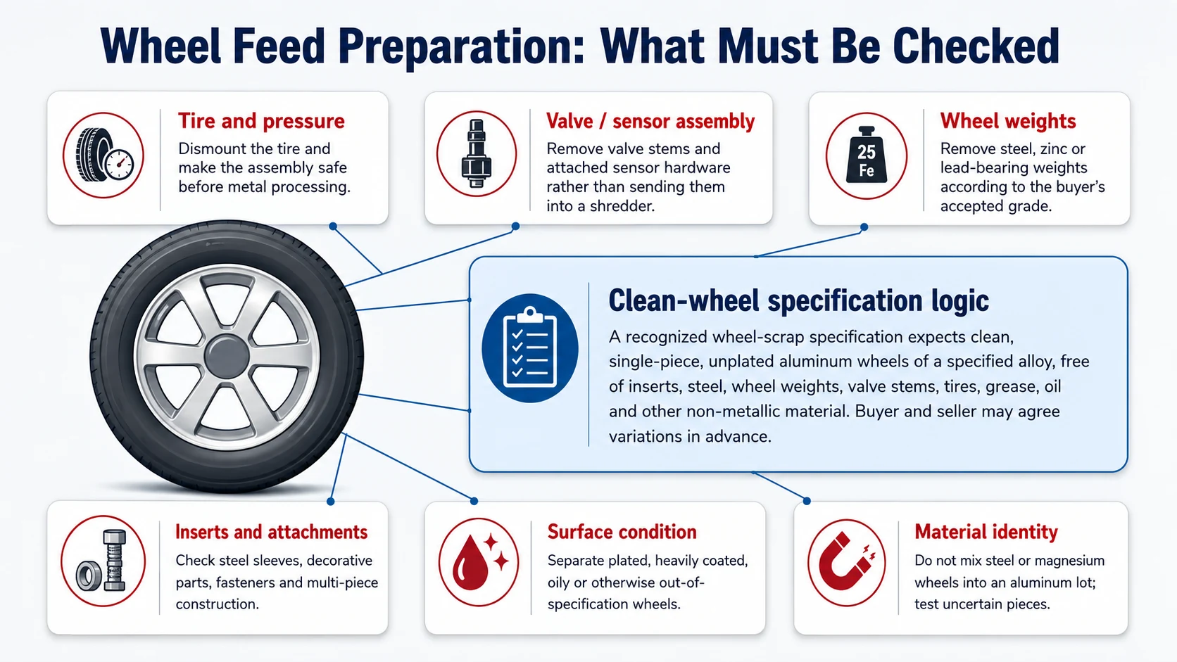Aluminum wheel feed preparation checklist for tires valves wheel weights inserts coatings and material identity