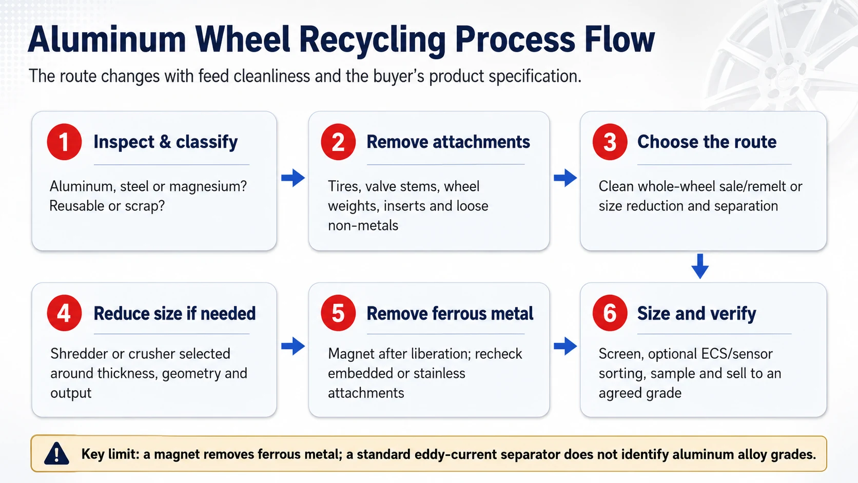 Six-step aluminum wheel recycling process flow from inspection and attachment removal to route selection separation and quality verification