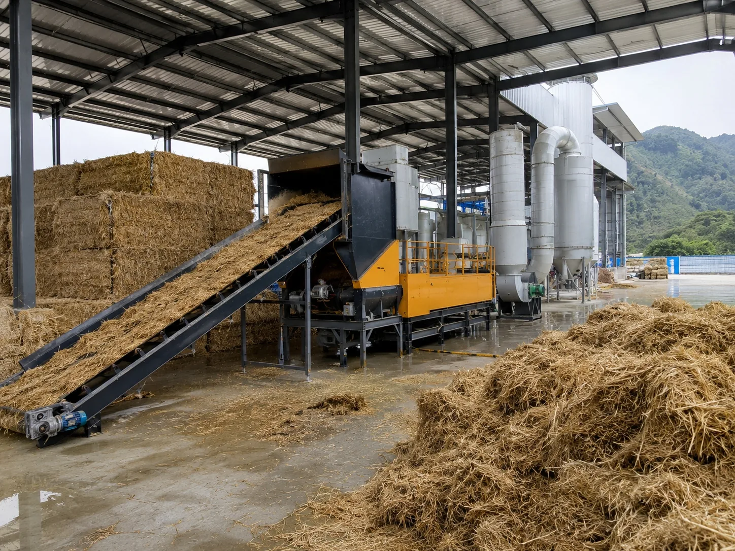 Industrial straw biomass shredding and recycling line