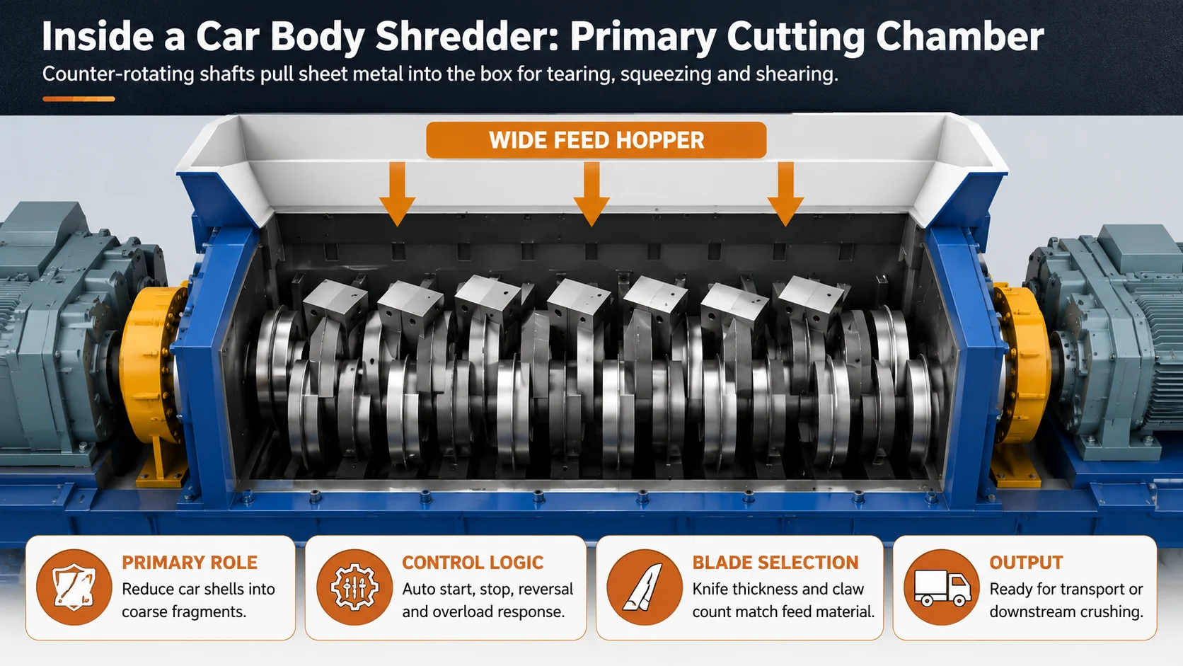 Inside the Double-Shaft Car Body Shredder Illustration of a low-speed high-torque double shaft car body shredder cutting chamber with interlocking rotary cutters