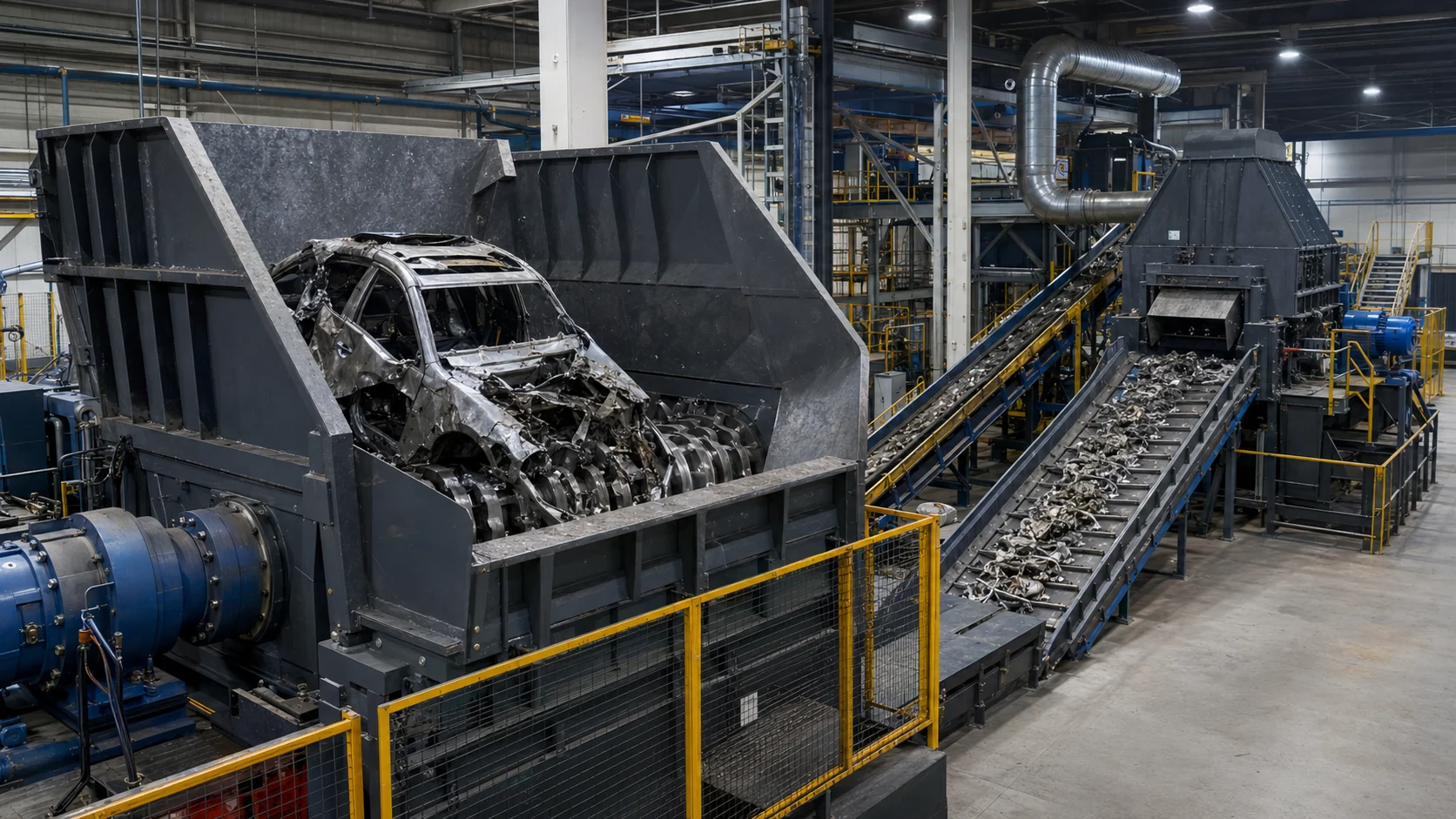 Double-shaft car body shredder connected to a secondary hammer crusher