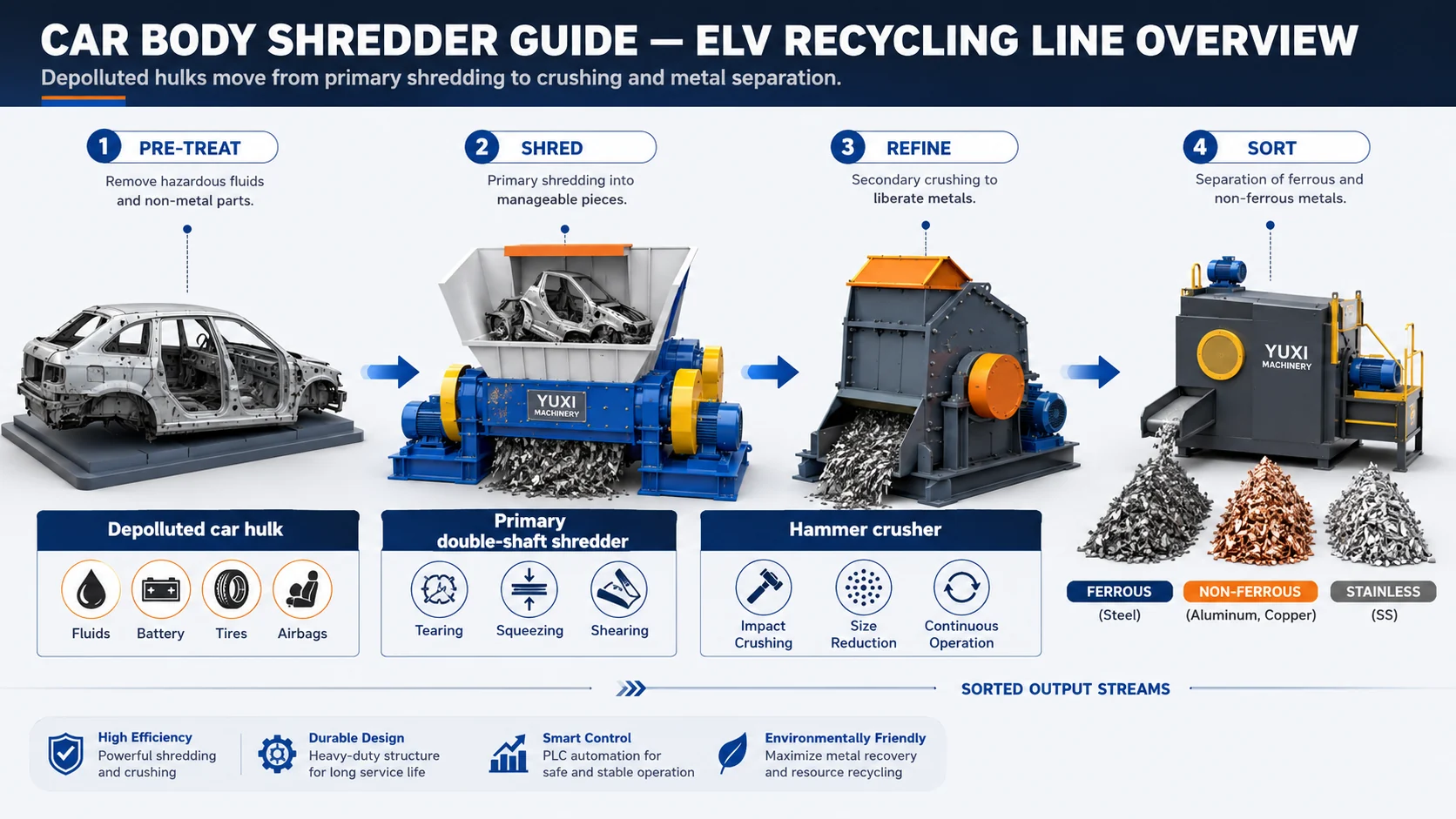 Car Body Shredder Line Overview Car body shredder guide diagram showing depolluted car hulk, double-shaft shredder, hammer crusher, magnetic separator and eddy current separator