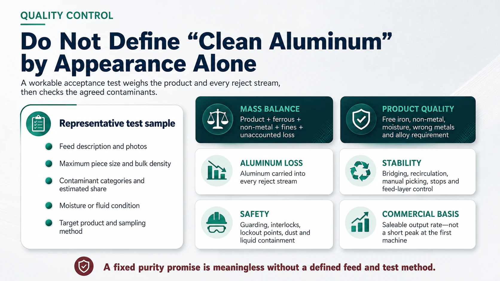 Clean aluminum output acceptance test with feed sample mass balance product quality aluminum loss stability safety and commercial basis