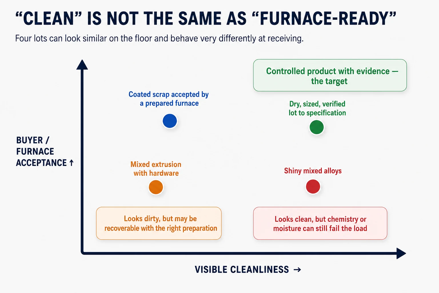 Matrix showing why visually clean aluminum scrap may not be furnace-ready