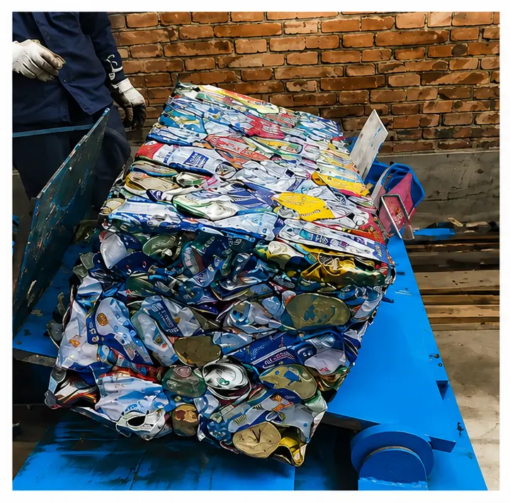 Fardo de latas de aluminio comprimidas descargado de una empacadora hidráulica de metal
