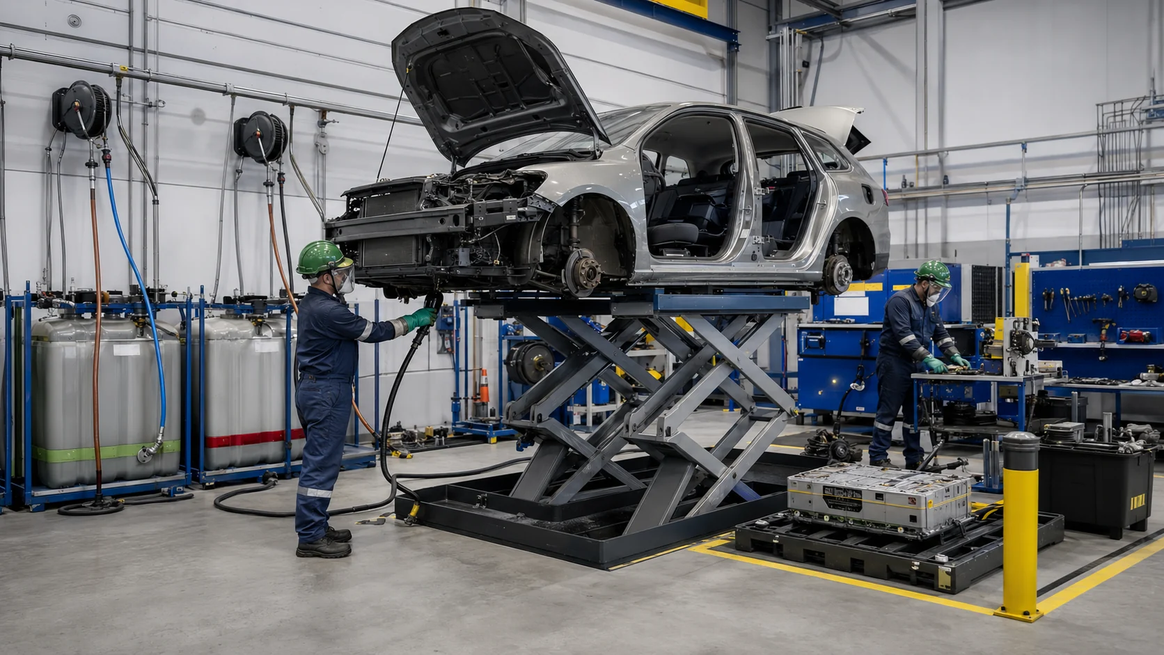 End-of-life vehicle depollution and dismantling equipment in a controlled workshop