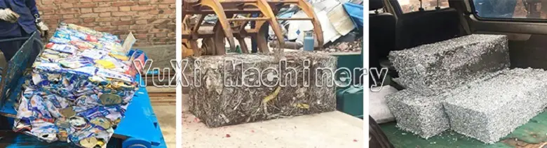 Finished compressed bales of aluminum cans, steel scrap and metal shavings