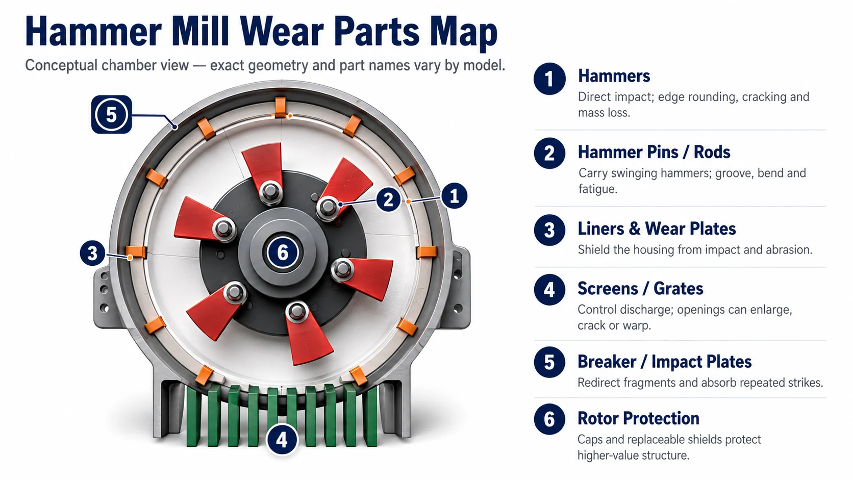 Conceptual hammer mill wear parts map showing hammers pins liners grates breaker plates and rotor protection