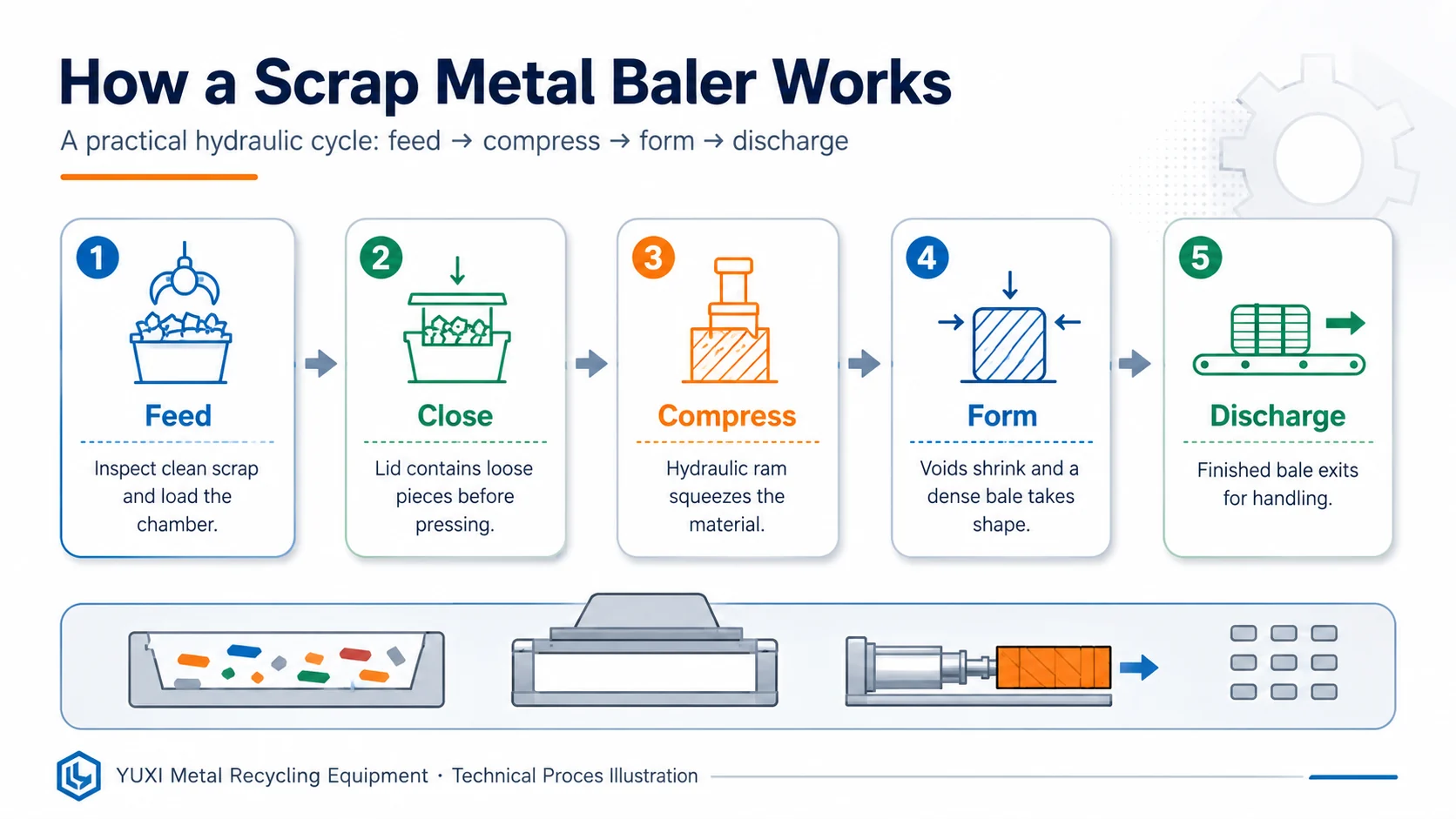 Scrap metal baler working cycle How a scrap metal baler works: feed, hydraulic compression, bale forming and discharge cycle