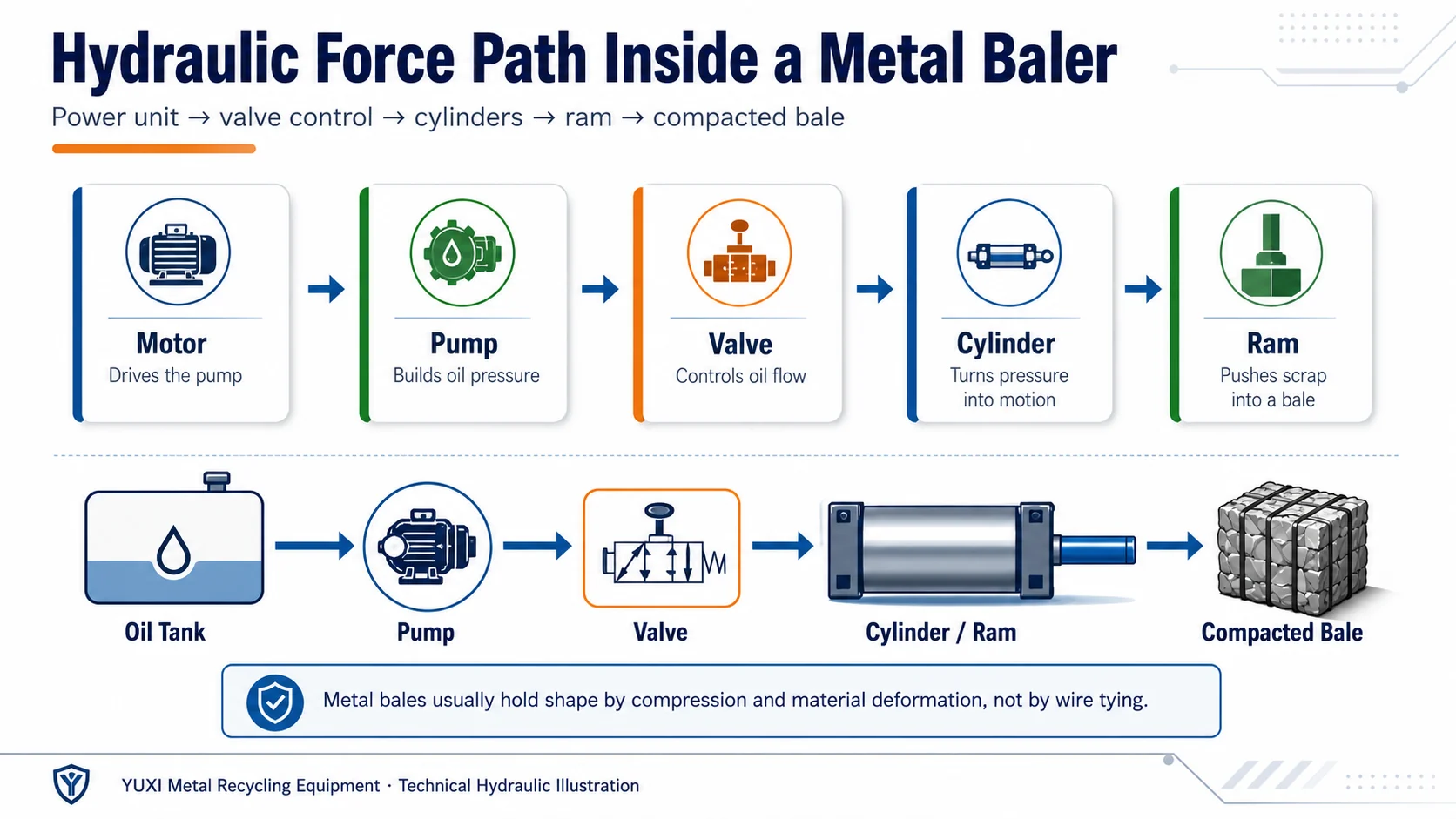 Hydraulic force path inside a metal baler Hydraulic metal baler force path from motor and pump to valve, cylinder, ram and compacted bale