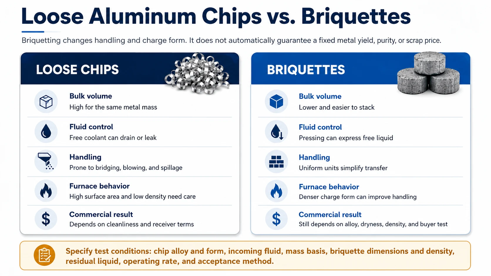 Engineering comparison of loose aluminum chips and compacted aluminum briquettes for volume, fluid control, handling and furnace preparation
