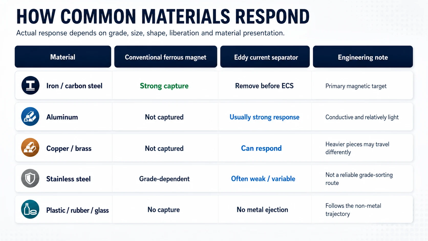 Typical response of iron aluminum copper stainless steel and non-metal material to magnetic and eddy current separation