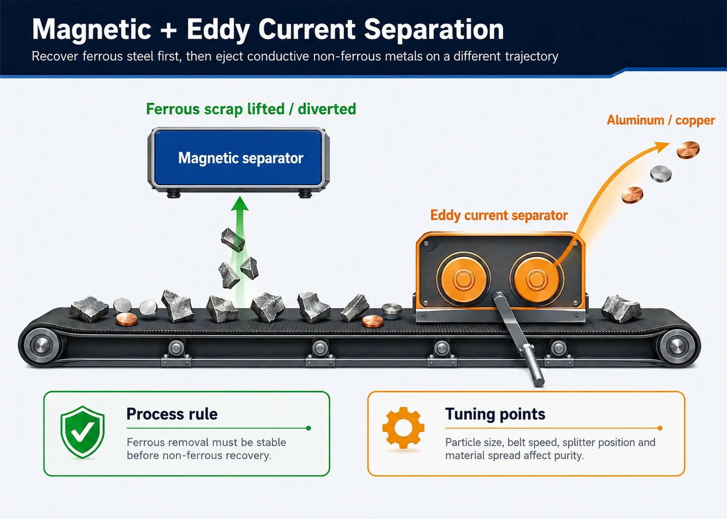 Magnetic and eddy current separation after scrap car shredding, showing ferrous metal, non-ferrous metal and residue streams.