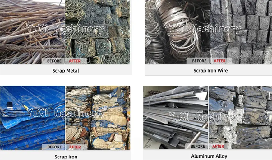 Before and after examples of scrap metal, wire, sheet and aluminum alloy baling