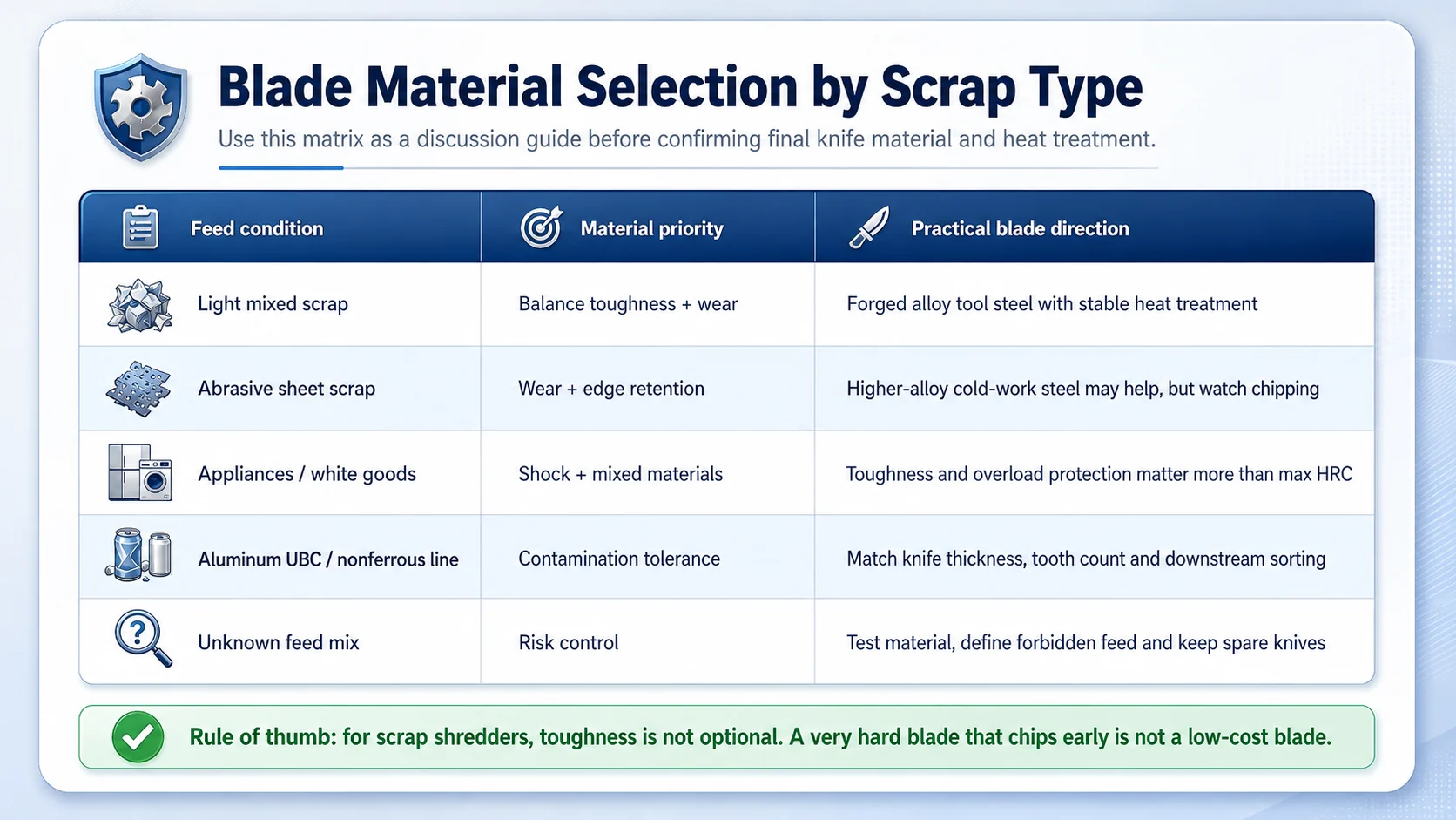 Metal shredder blade material selection by scrap type Metal shredder blade material selection matrix by scrap type and operating condition