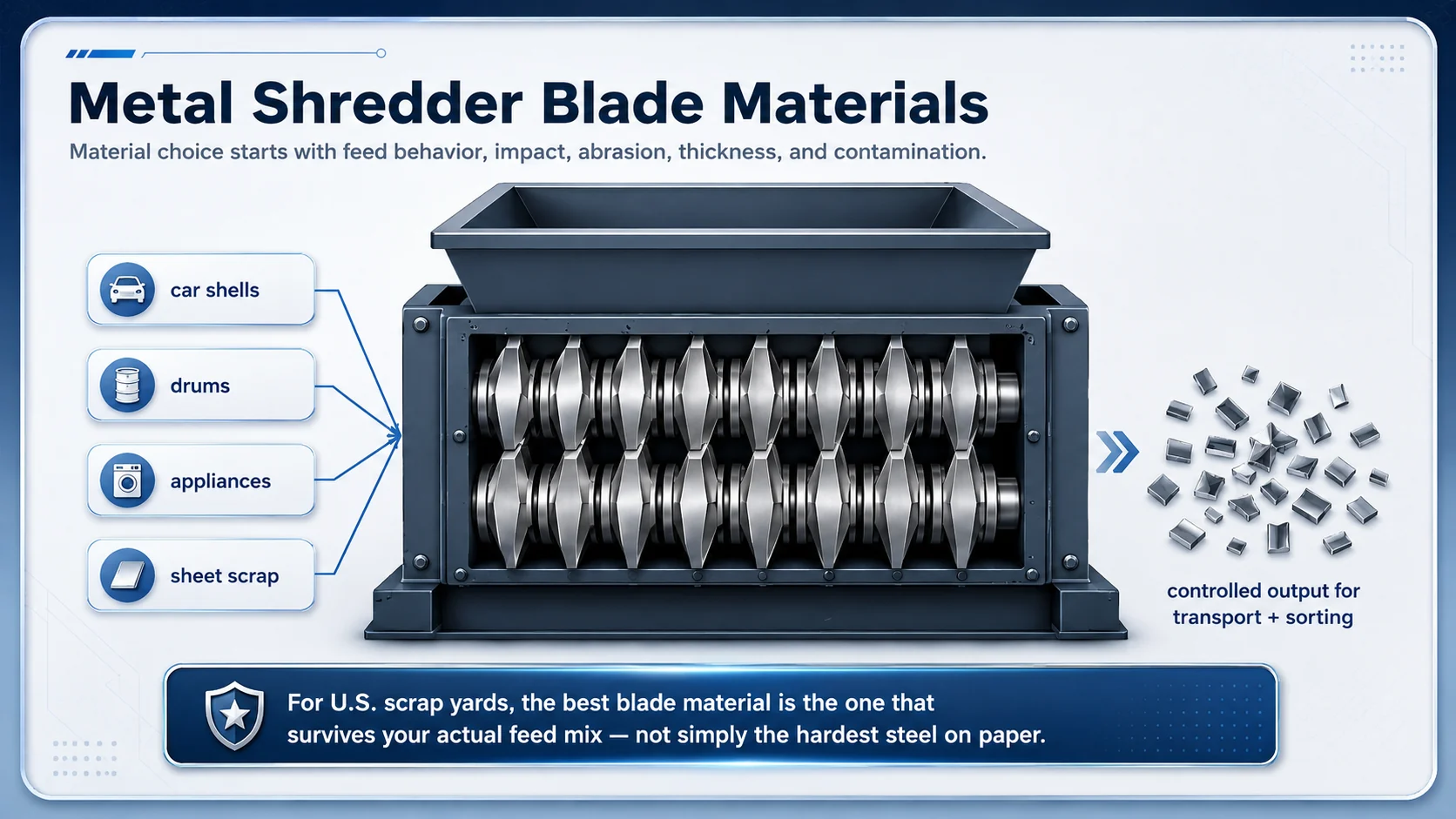 Metal shredder blade materials for U.S. scrap recycling Metal shredder blade materials for U.S. scrap recycling plants processing car shells drums appliances and sheet metal