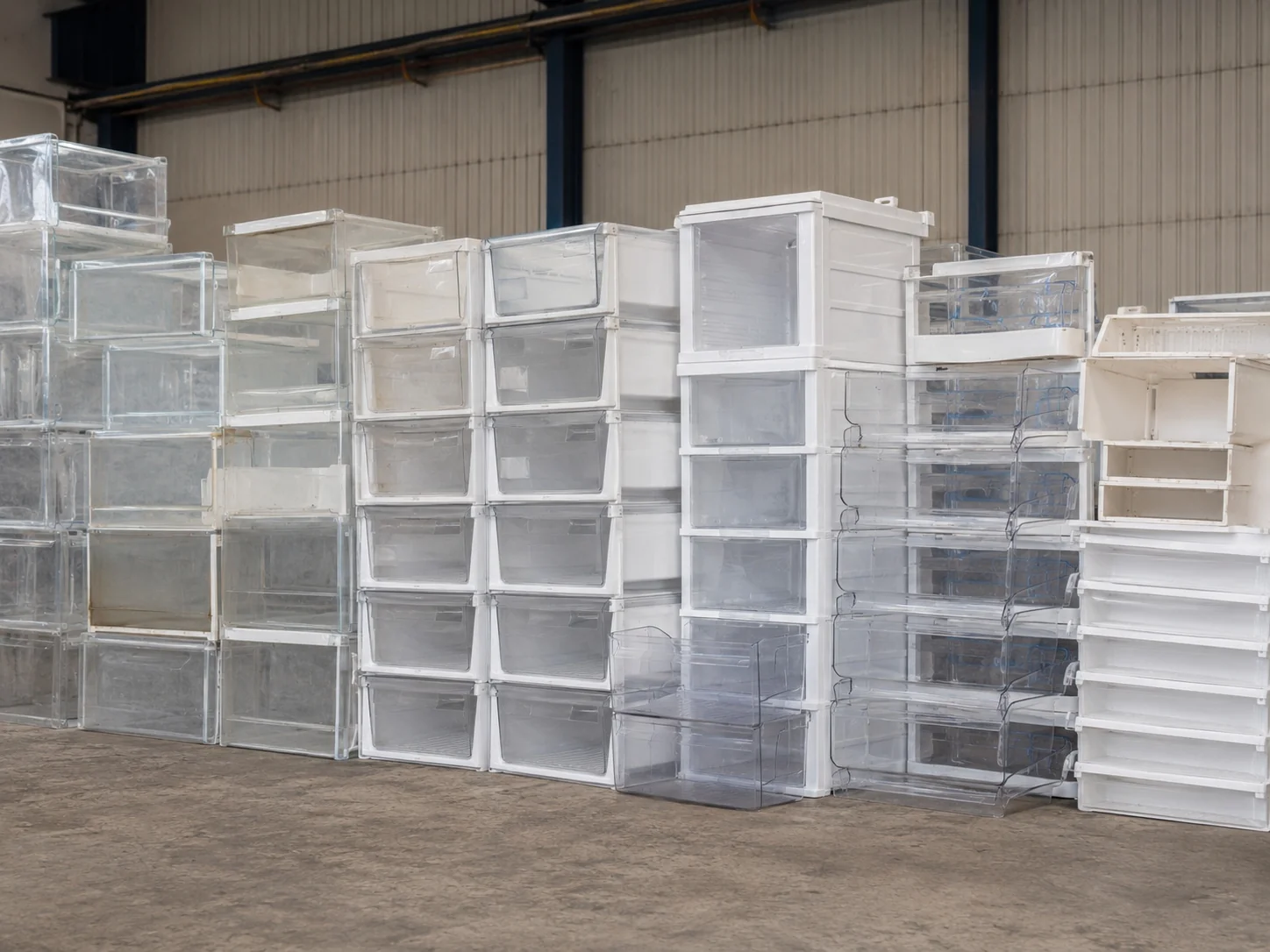 Plastic drawers and shelves from refrigerator recycling