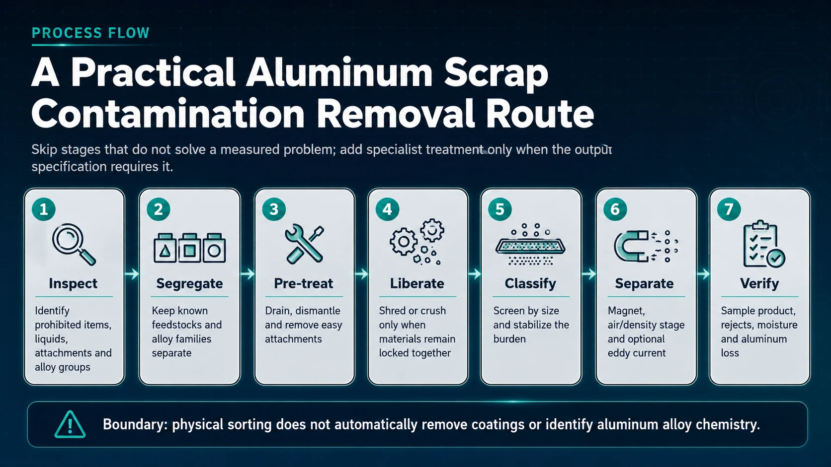 Step by step scrap aluminum contamination removal process from inspection through segregation liberation separation and verification