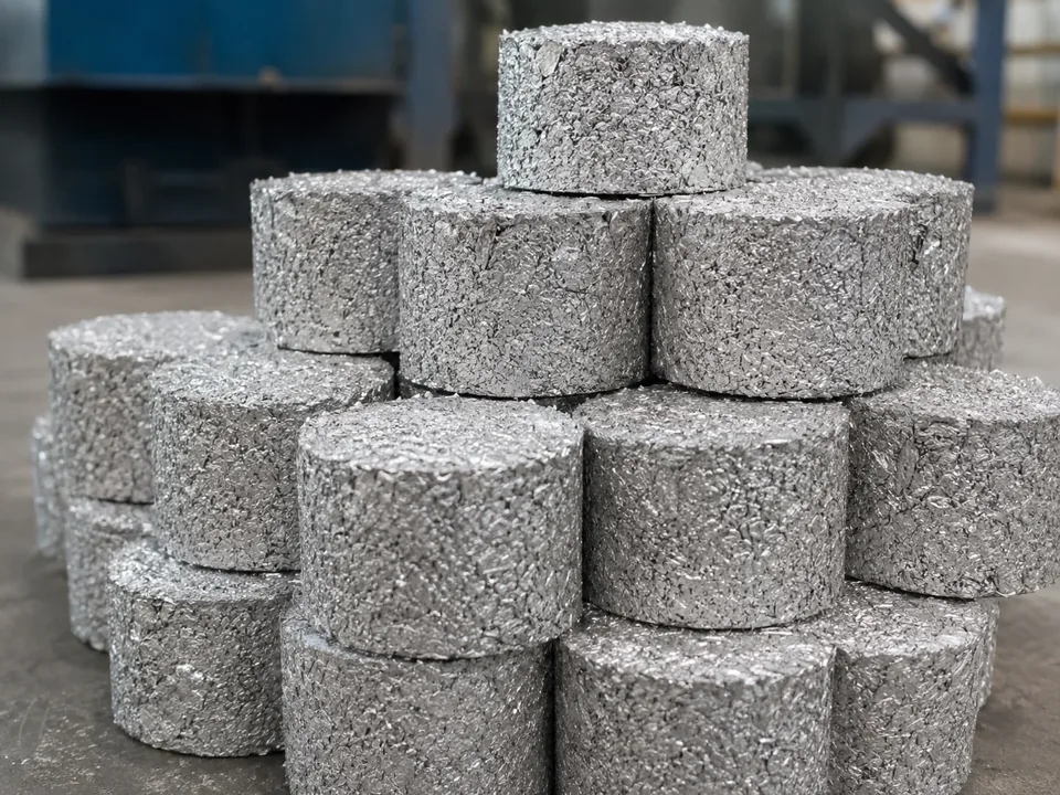 Aluminum chip briquettes produced by a briquetting press